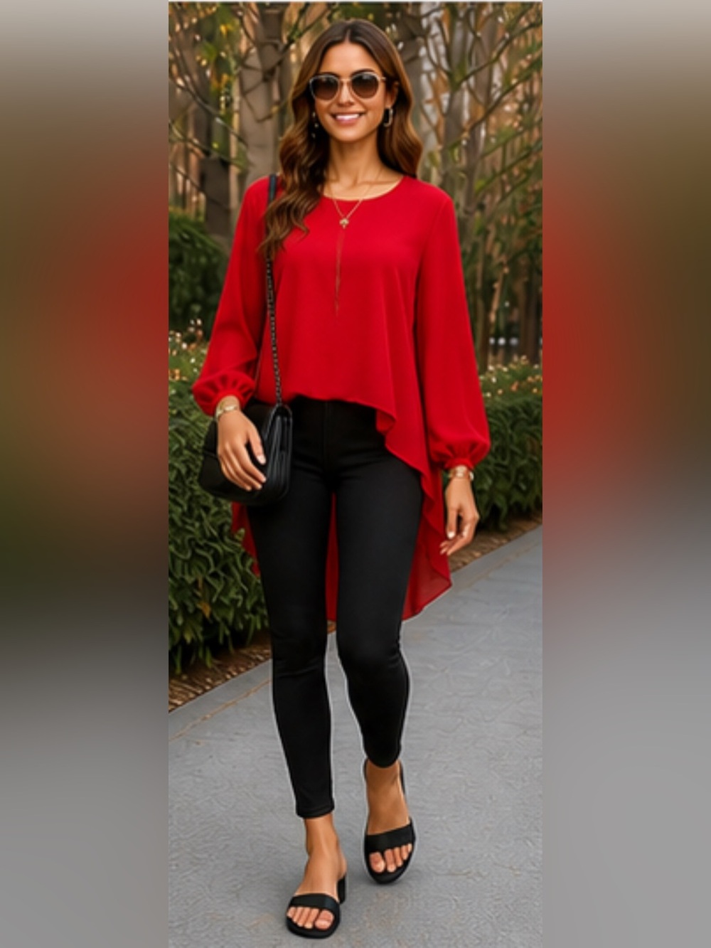 PrettyGarden Red Chiffon Hi-Low Blouse Size M | Flowy Tunic Top Balloon Sleeve